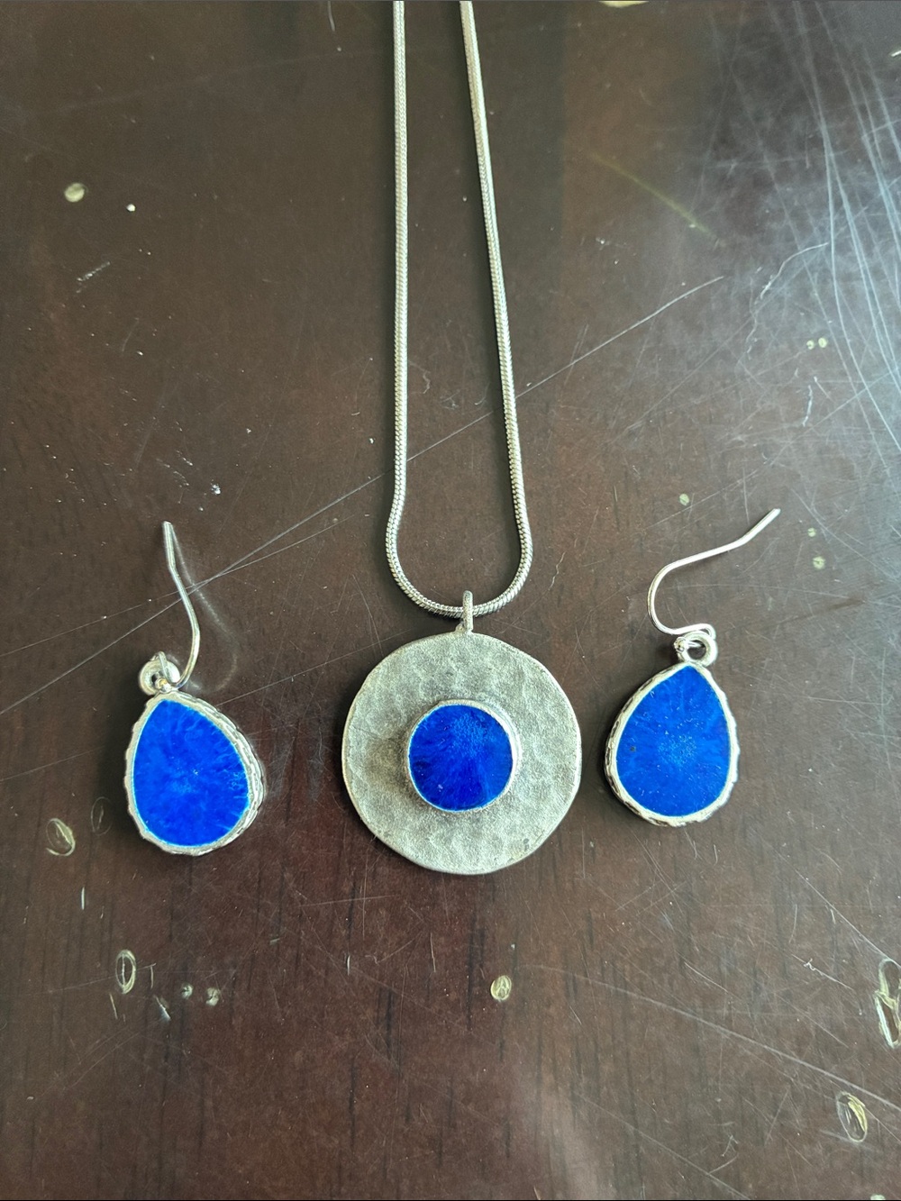 Silver Necklace and Earrings Set with Bright Blue Inlay - Women Jewelry